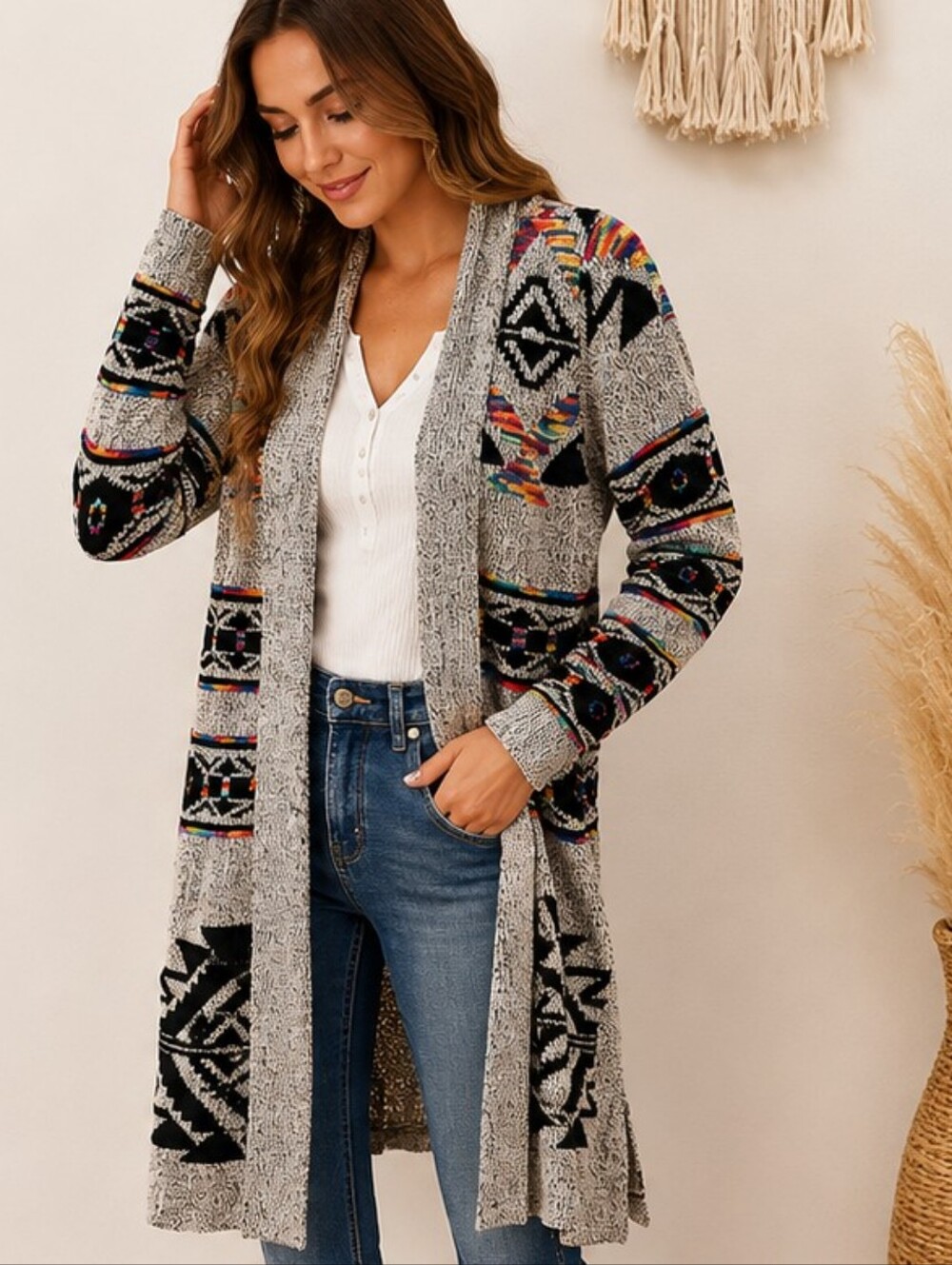 Northern Angel Southwest Cardigan Duster | Aztec Boho Knit Open Front Sweater